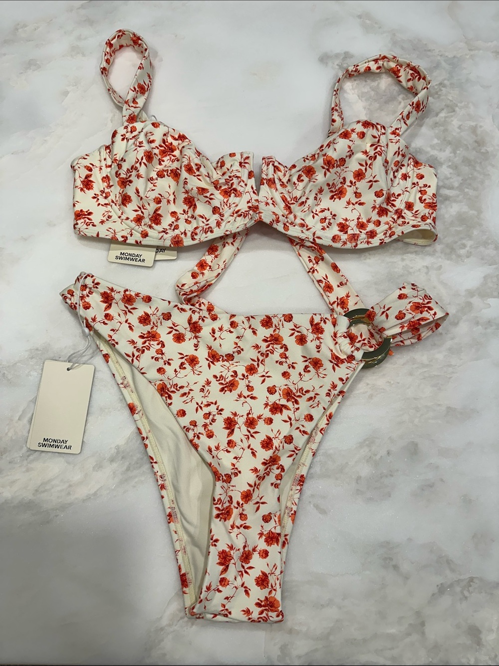 Monday Swimwear Cream Bikini with Red/Orange Floral Print